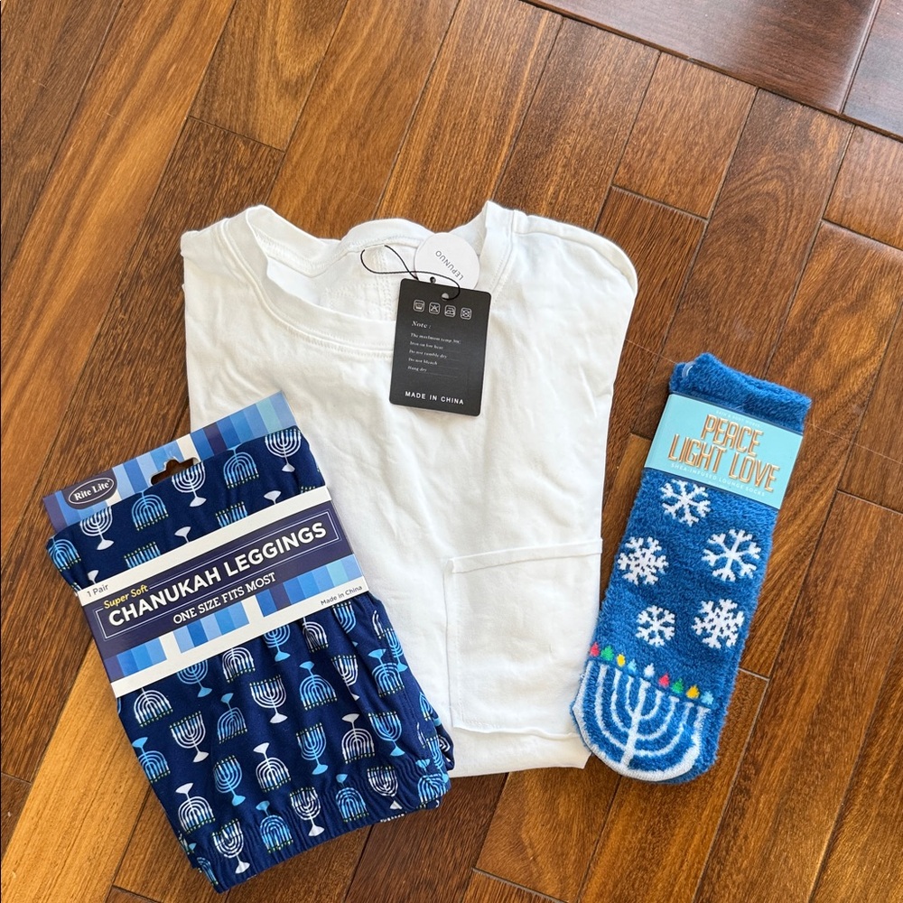White Top and Blue Hanukkah Leggings Set